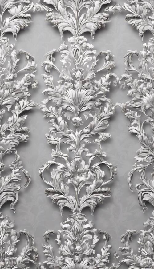 Eine Reihe silberner und weißer Damastmotive, die ein exquisites nahtloses Muster mit sanften Anklängen viktorianischen Designs bilden.