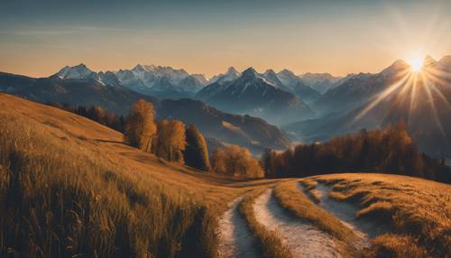 Una vista panoramica delle Alpi Bavaresi al tramonto, con cielo limpido.