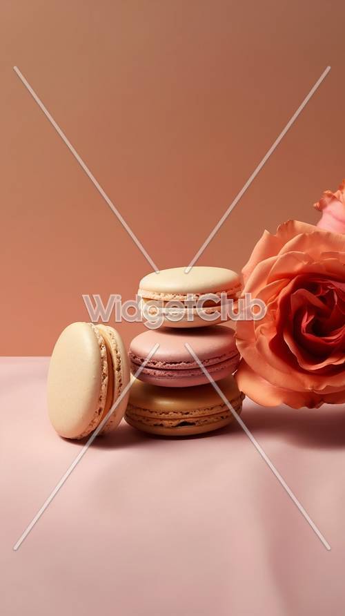 色彩繽紛的馬卡龍和桃色背景上的玫瑰