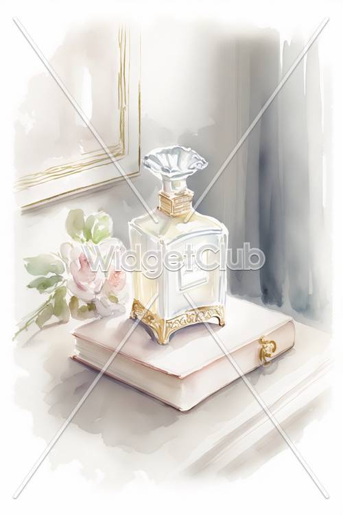书上的优雅香水瓶：屏幕上的宁静艺术场景