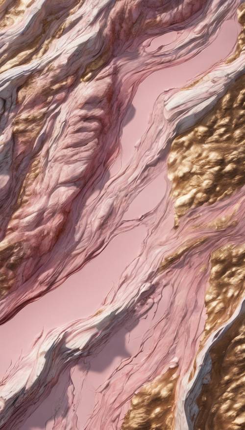 Eine beeindruckende Luftaufnahme einer surrealen, rosa-goldenen Marmorlandschaft im Carrara-Stil.