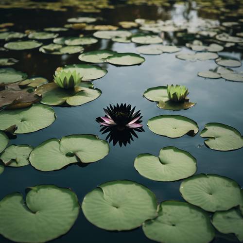 Eine bezaubernde schwarze Lotusblume, die ruhig in einem Teich voller grüner Seerosenblätter schwimmt.