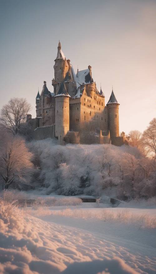 Un château historique recouvert de neige, illuminé par la douce lueur du soleil couchant.