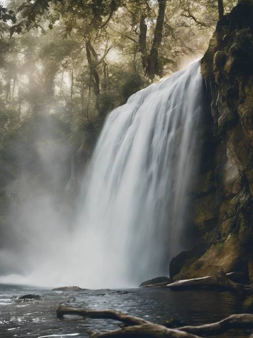 Air terjun yang jatuh ke danau yang tenang, kata-kata &#39;Ia menuntun aku ke air yang tenang&#39; berkilauan di percikan air.