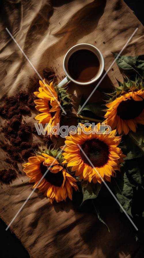 陽光明媚的向日葵和咖啡杯