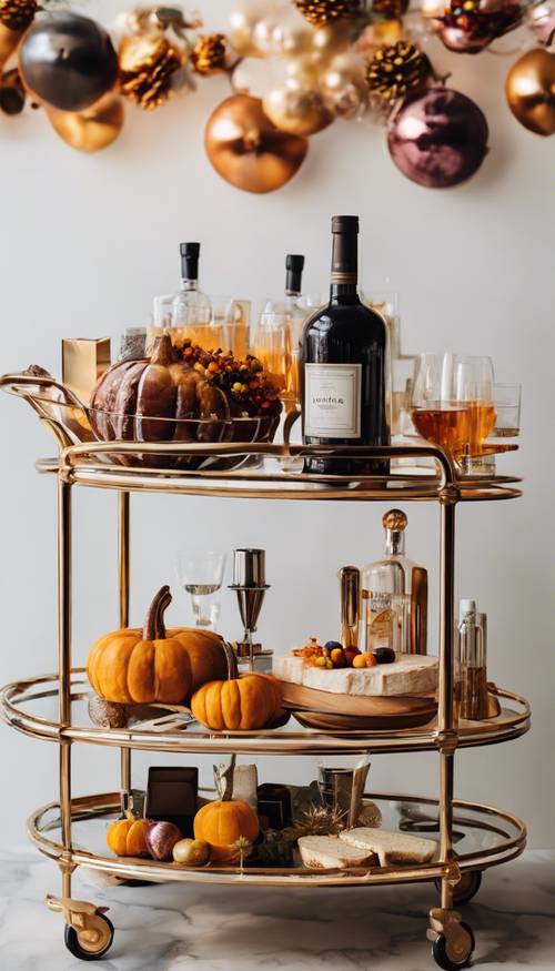 An aesthetic bar cart, styled for Thanksgiving with festive decor, cocktails, and artisanal cheeses.