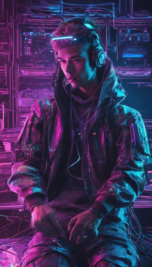 A technological hacker in a dark room filled with holographic interfaces floating around him, embodying cyberpunk theme.