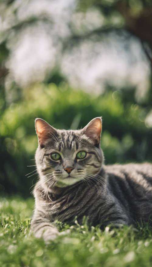 변덕스러운 회색 얼룩무늬 고양이가 무성한 녹색 잔디밭에 누워 있습니다.