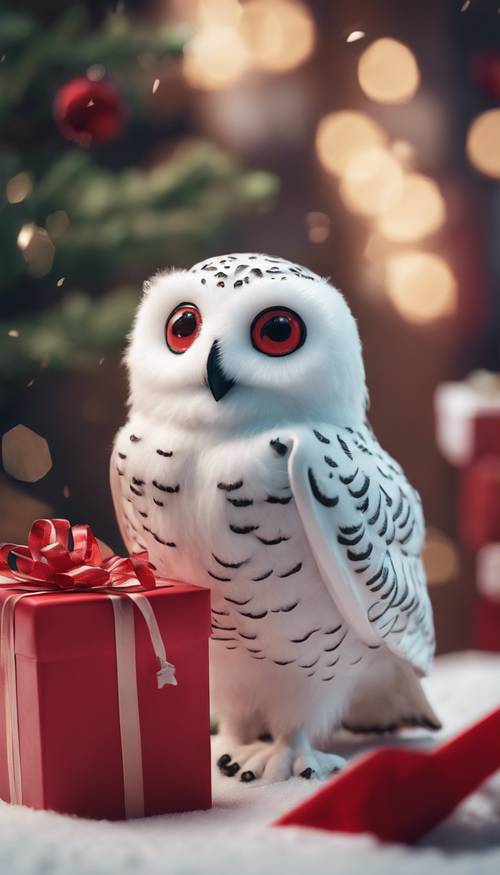 A darling Christmas scene featuring a kawaii snowy owl delivering a bright red gift box.