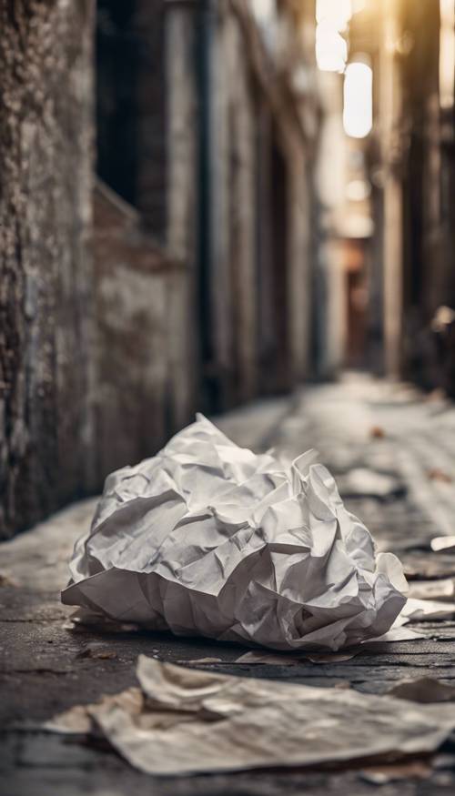 一張皺巴巴的白紙被遺棄在燈光昏暗的小巷裡。