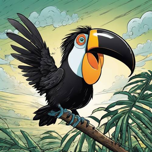 Seekor burung toucan kartun yang ketakutan berjuang untuk terbang di tengah badai tropis yang berangin.