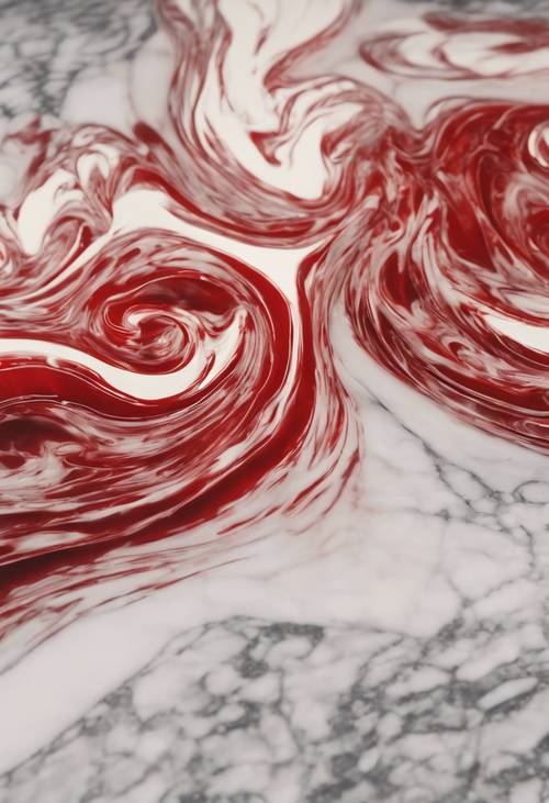 Redemoinhos vermelhos e brancos em uma superfície de mármore, lembrando chamas.
