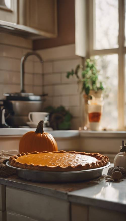 Angolo dimenticato del tavolo della cucina con una torta di zucca lasciata raffreddare.