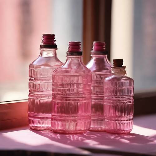 Vintage różowe szklane butelki ułożone na nasłonecznionym parapecie, rzucające kolorowe refleksy.