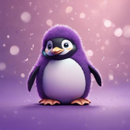 Ilustrasi lucu seekor penguin kawaii, bulunya diberi warna ungu tua.