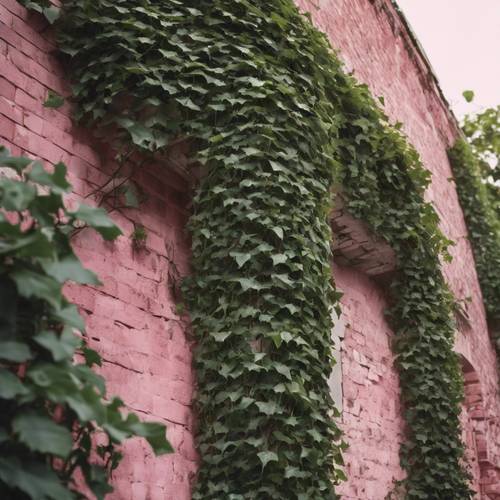 Overgrown ivy wrapping around a pink brick tower.