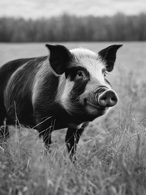 Um porco preto e branco com pêlo limpo, capturado num prado rural durante a tranquilidade do inverno.