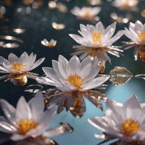 Metallic flowers floating on the glassy surface of a pond.