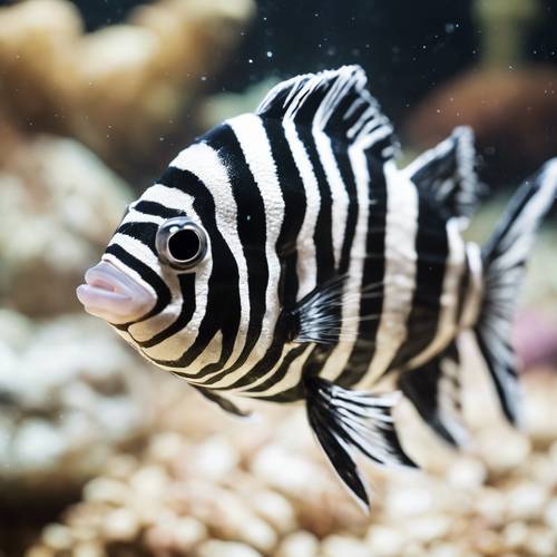 Close up of a striking black and white Zebra fish swimming solo in the aquarium.
