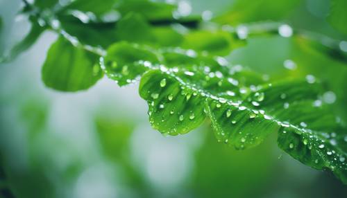 The simple image of raindrops on vibrant green leaves, embodying a rainy spring day in a minimalist fashion.