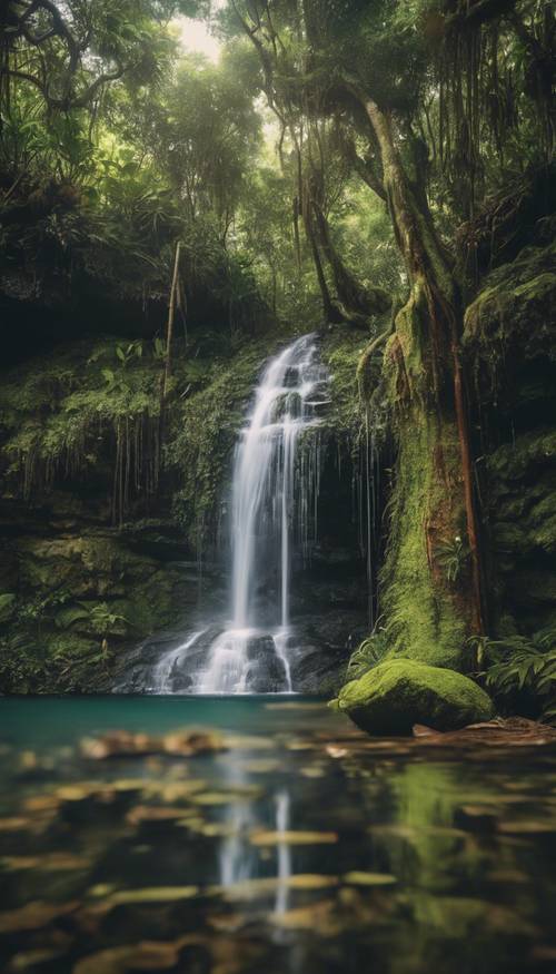 Uma cachoeira tropical caindo sobre rochas cobertas de musgo em uma piscina cristalina em uma floresta tropical isolada.