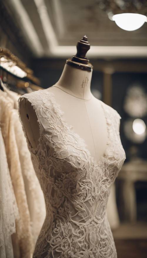 Une robe romantique en dentelle vintage drapée sur un mannequin posé au milieu d&#39;une boutique parisienne classique.
