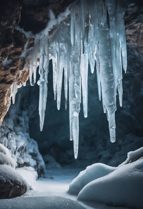 A mysterious icy cave with frozen stalactites hanging from the roof