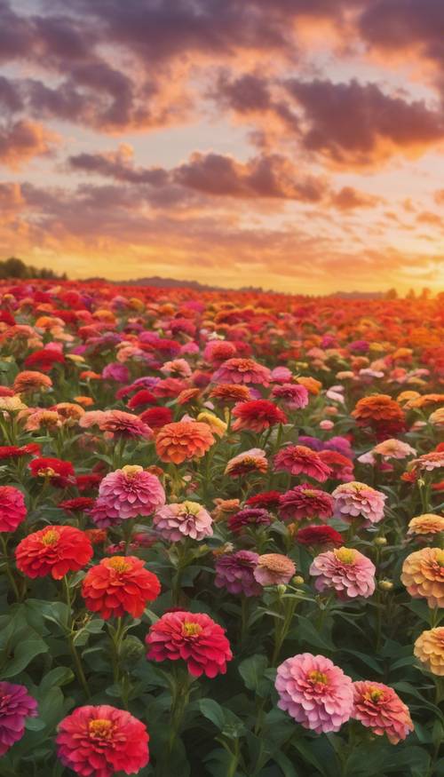 A vibrant field of zinnias under a colorful sunset.
