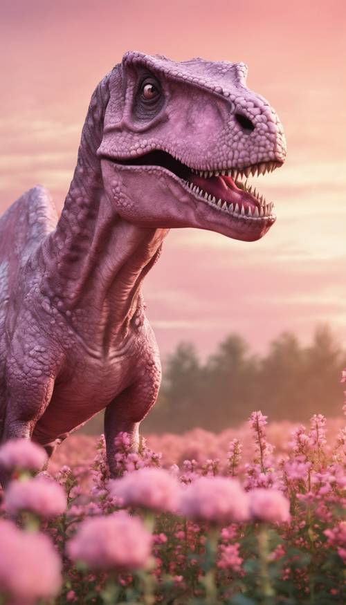 Um Tiranossauro Rex rosa pastel em um campo de flores durante o nascer do sol.