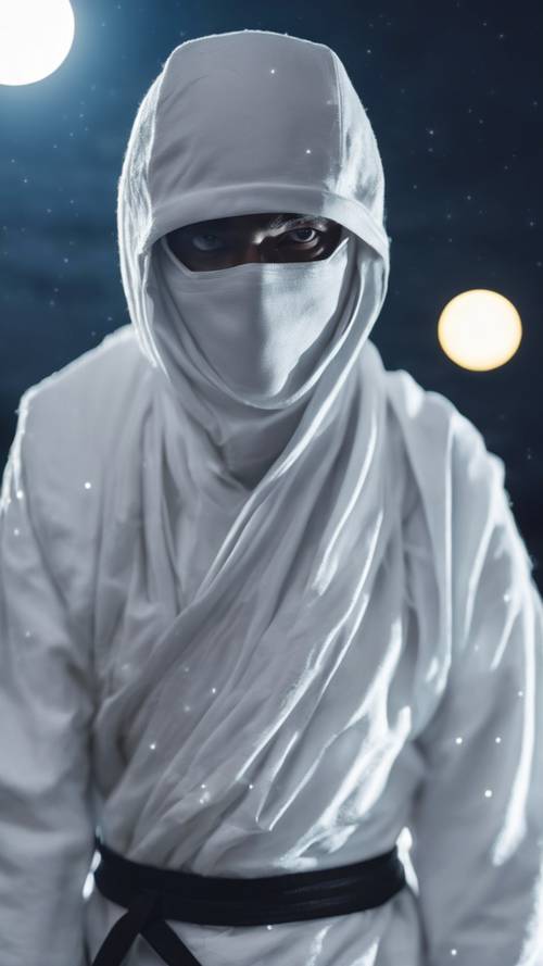 Seorang ninja yang gesit dan keren dengan pakaian putih bersih di bawah sinar bulan purnama yang cerah.