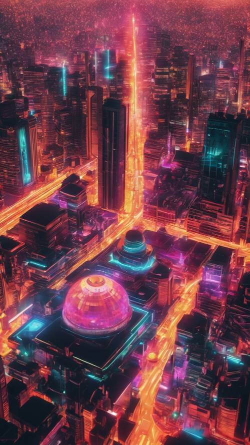 Un disegno astratto di una città a cupola illuminata da luci al neon, che incarna l&#39;estetica Y2K.