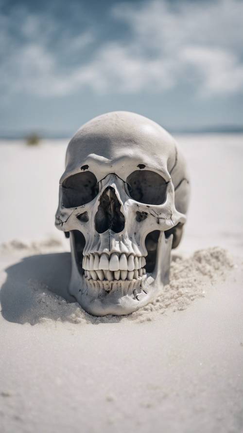 A haunting gray skull half-buried in the white sands of a desolate beach.