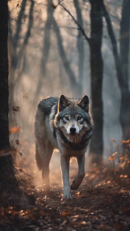 ذئب ذو عيون نارية يخرج من ظلال غابة مسكونة، وضباب غريب يلتف حول كفوفه.