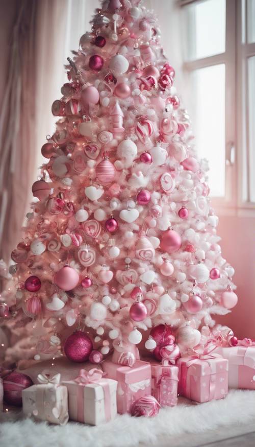 Uma árvore de Natal kawaii com tema rosa e branco, adornada com enfeites em formato de coração e doces.