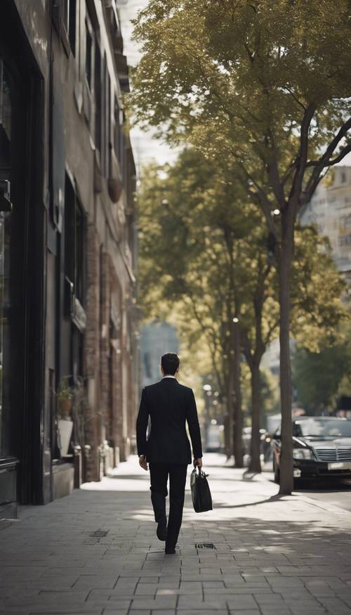 A man in a slim-fit black suit, strolling confidently down a city sidewalk. Wallpaper [522e8bdfa8754927b9d0]