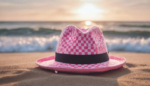 A pink checkered hat on a beach with waves in the background.