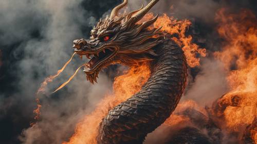 Японский дракон окутан дымом и огнем, словно из вулкана.