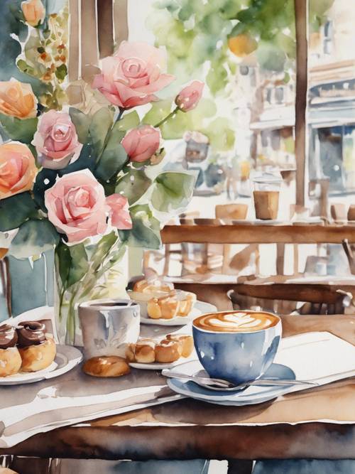 Une charmante aquarelle représentant une scène sereine de café avec des éléments mignons et détaillés comme une tasse de café souriante, des pâtisseries et des fleurs sur les tables.
