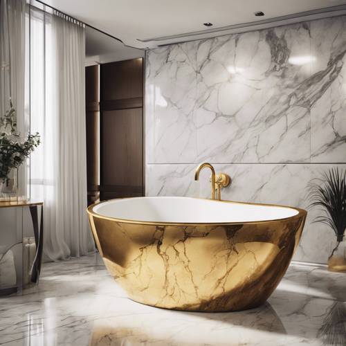 Nowoczesna łazienka wyposażona w umywalkę i wannę ze złotego marmuru