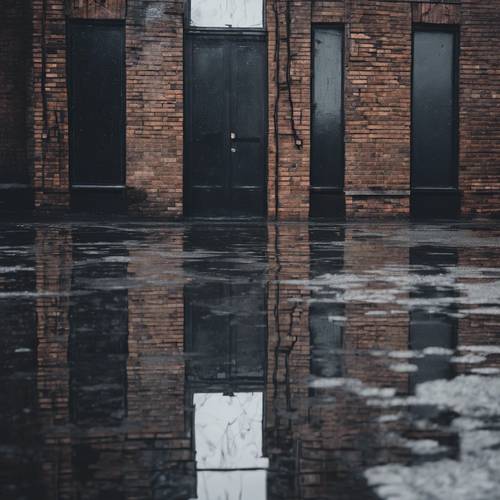Verzerrte Spiegelung eines dunkelgrauen Backsteingebäudes auf einer nassen Oberfläche.
