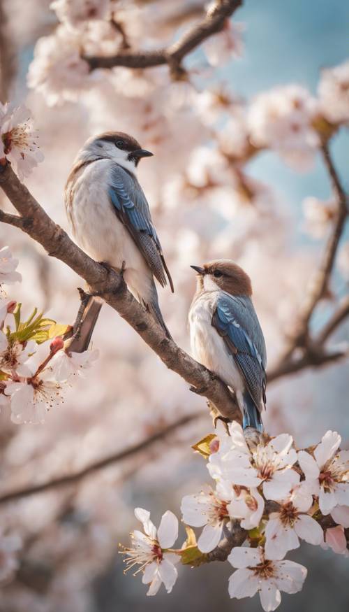 A lovely pair of chirping birds perched on a branch of a white cherry blossom tree during dawn.