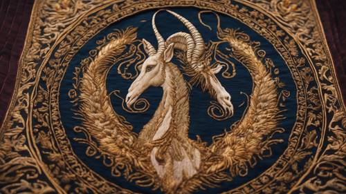 摩羯座的图案巧妙地刺绣在皇家挂毯上，为富丽堂皇的氛围增添了一丝神秘。