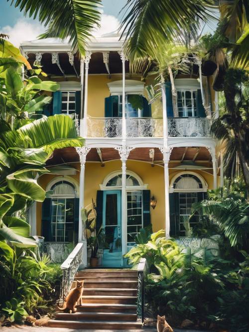 Una imagen estilizada de la Casa Hemingway de Key West, rodeada de exuberantes jardines tropicales y gatos de seis dedos descansando.