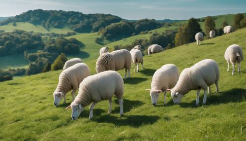 A flock of white fur sheep grazing on a tranquil green hillside under blue skies.