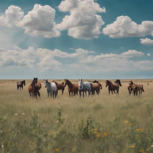 A wide-angle shot of an expansive summer prairie filled with wild horses grazing leisurely under the sporadic cloud cover and clear blue sky.