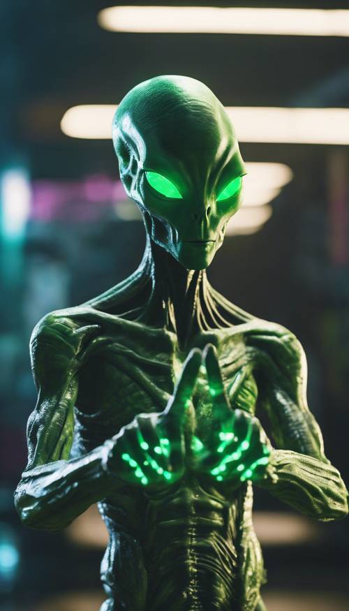 Un extraterrestre con brillantes ojos verdes neón que muestra signos de paz en ambas manos.