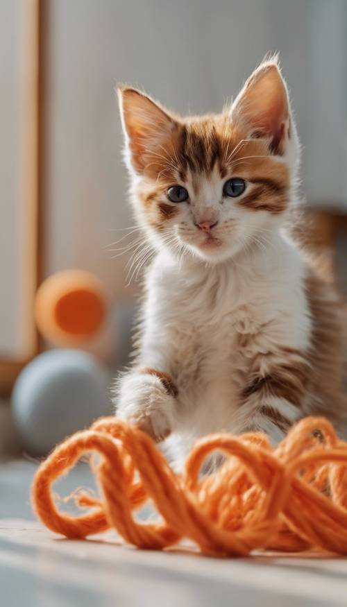 Anak kucing marmer nakal bermain dengan bola benang oranye di dalam ruangan.