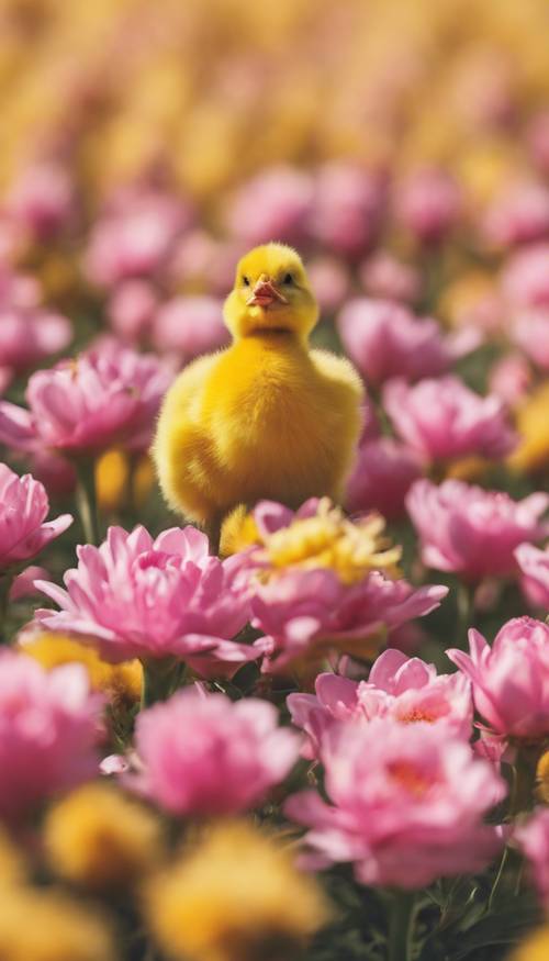 Close up of a pink bloom against a blurred background of yellow chicks.