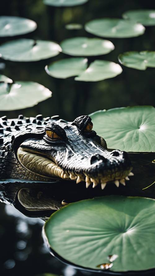 Wciąż czarny krokodyl ukryty pod liliami na spokojnych bagnach.