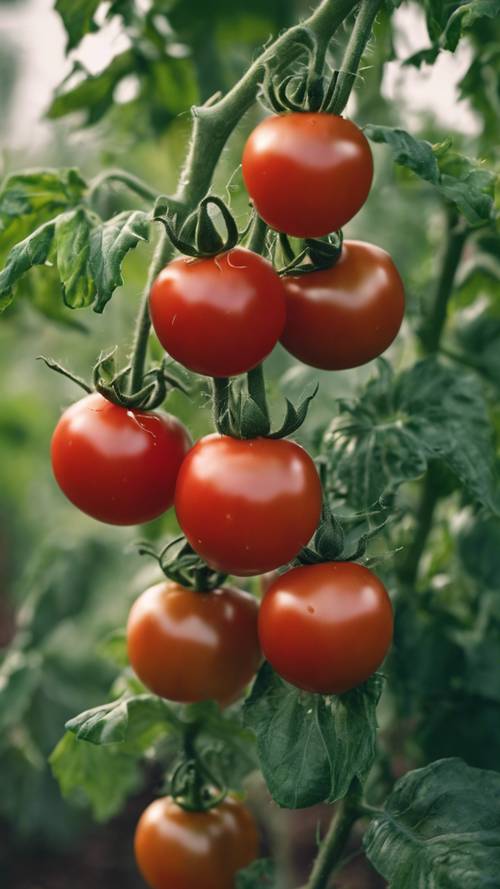 A close-up of juicy, red July tomatoes growing in a lush vegetable garden.